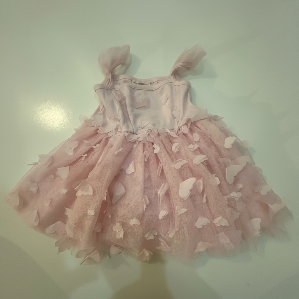 Cette robe de princesse rose est une création de la marque Icvfdpl, ornée de délicats papillons 3D sur toute sa jupe en tulle