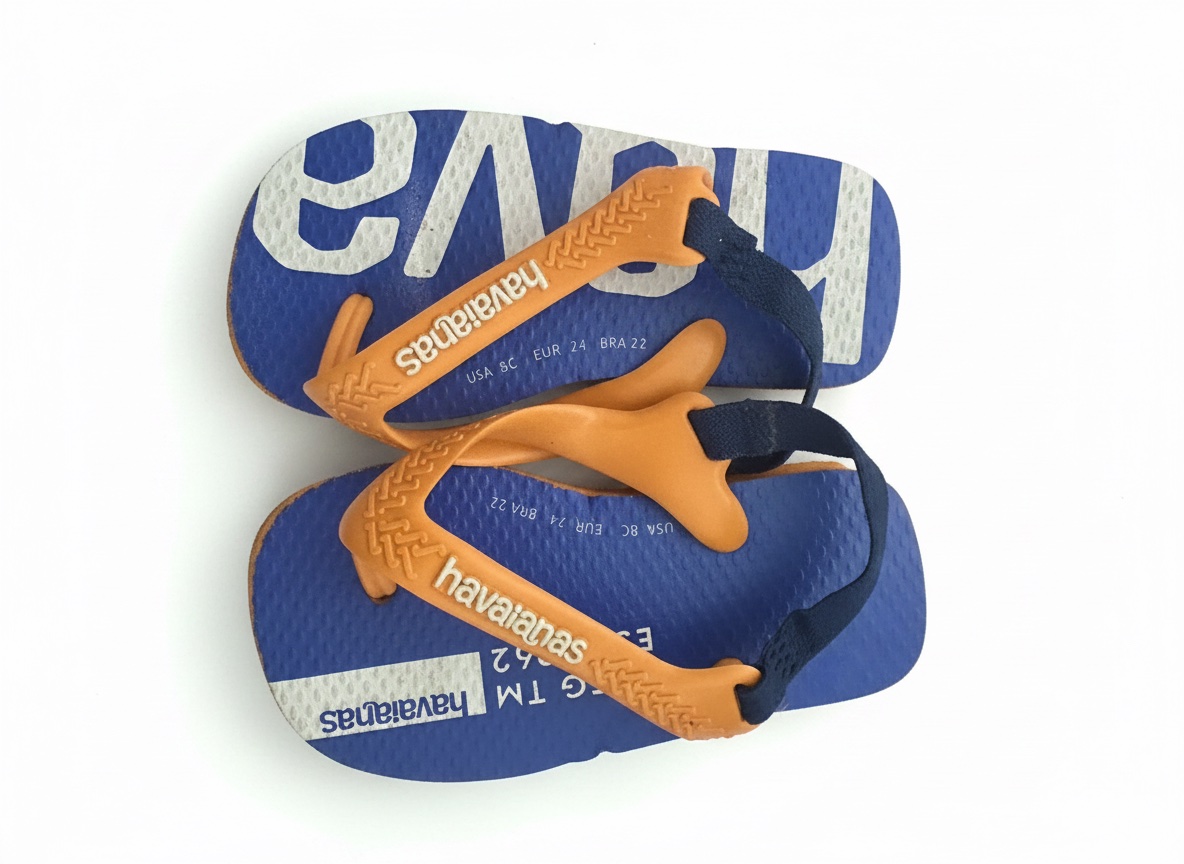 Ces sont des tongs Havaianas Baby Logomania bleues avec des brides oranges.