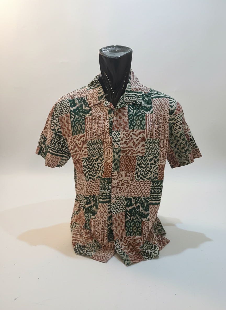 Cette chemise à manches courtes Pop man présente un motif géométrique patchwork multicolore dans des tons de vert et de marron