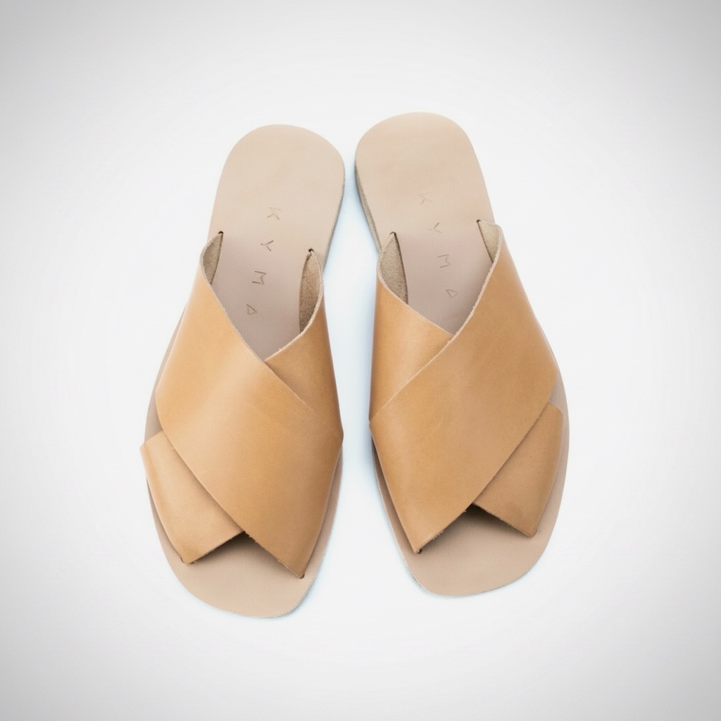 Ces sandales sont des Kyma Chios en cuir naturel, caractérisées par leurs larges brides croisées