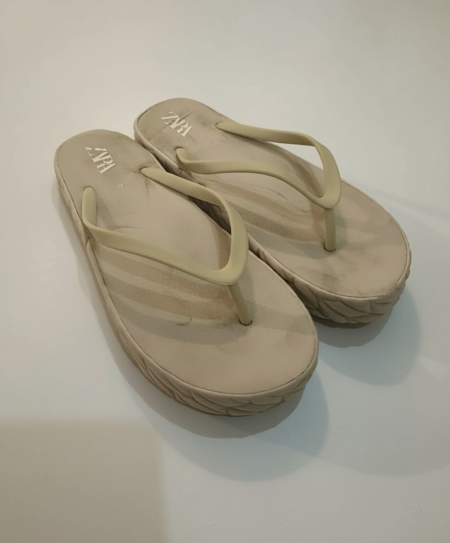 Cette paire de tongs beige de la marque Zara se distingue par sa semelle plateforme épaisse avec une texture tressée