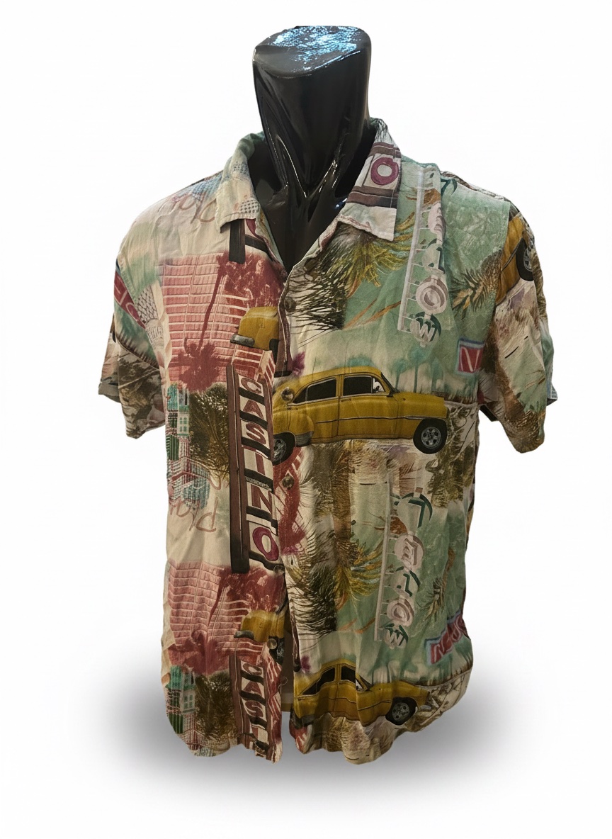 Ce sont des chemises hawaïennes vintage des années 90 à motifs imprimés de voitures et de paysages de casino