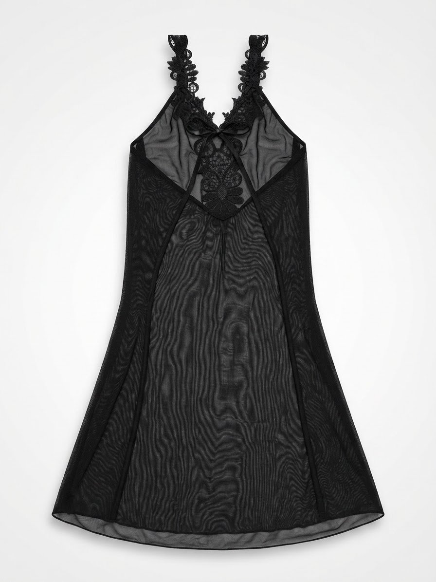 Nuisette Longue / Babydoll Noire en Voile Transparente & Guipure