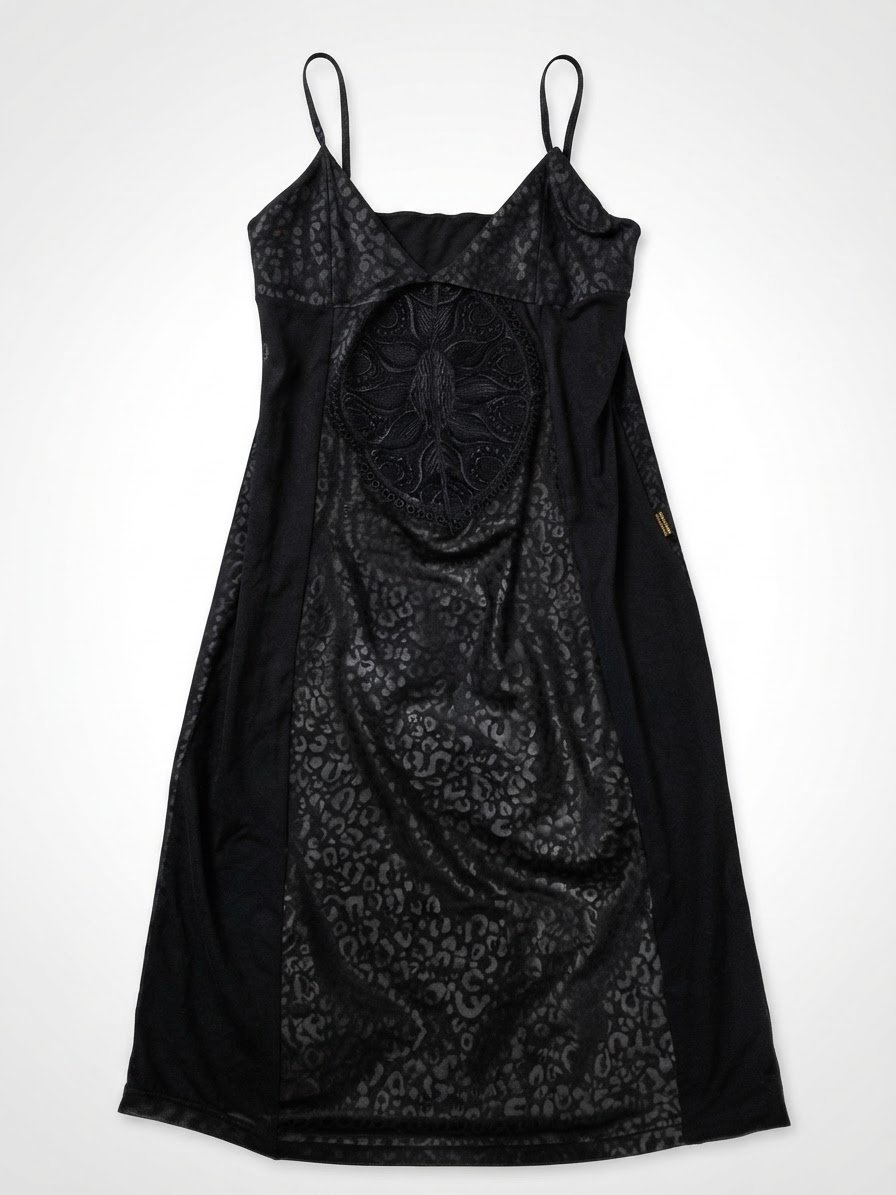 Nuisette Longue Noire Satinée & Imprimé Léopard Ton sur Ton (Plastron Brodé)