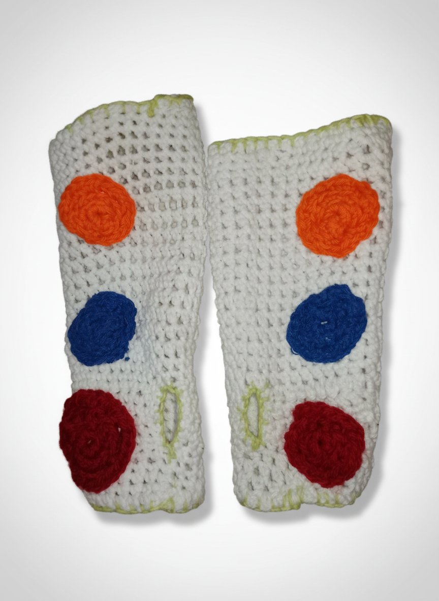 Mitaines Sans Doigts en Crochet Blanc à Pois Multicolores