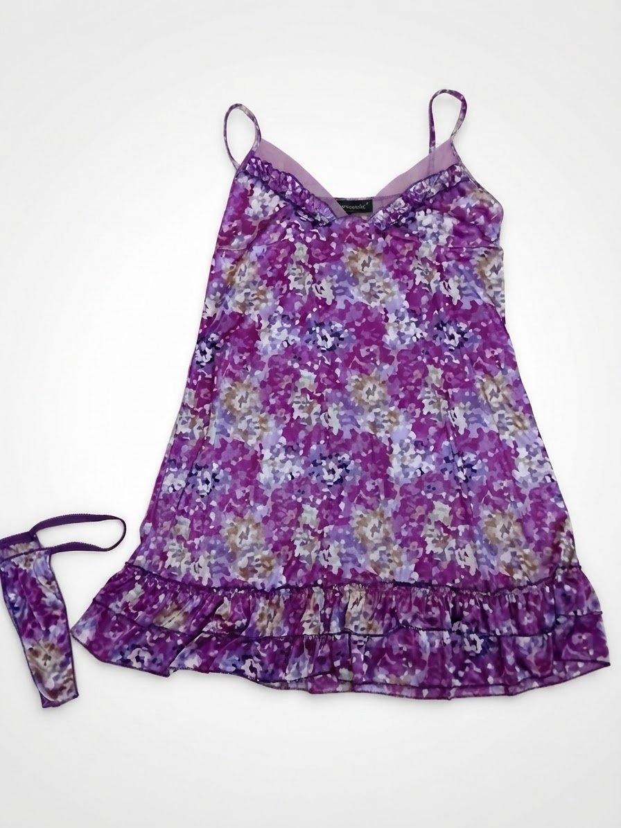 💜 Ensemble Nuisette Satinée & String Assorti Imprimé Floral Violet