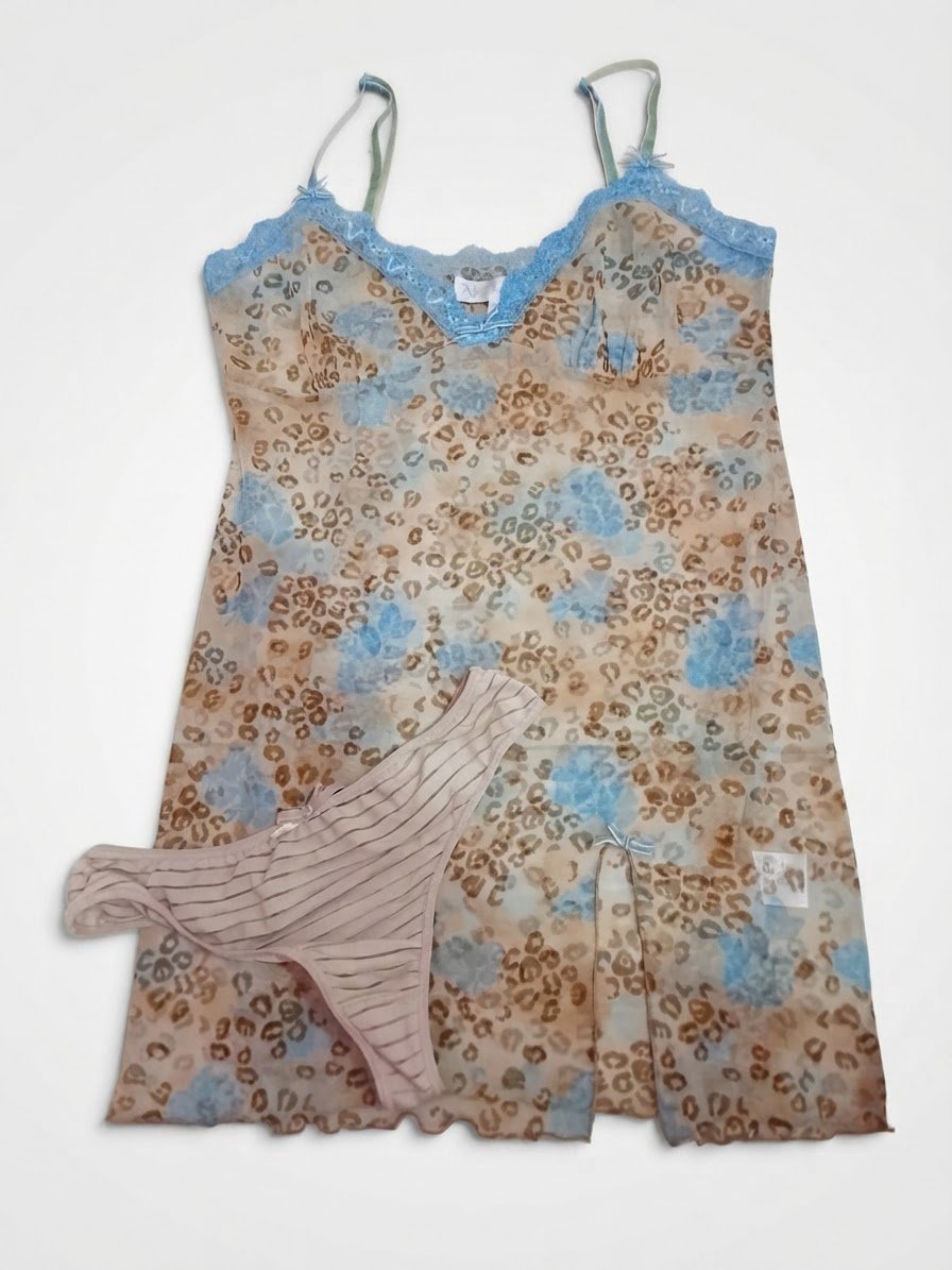 Ensemble Nuisette Voile Léopard/Bleu & String Rayé