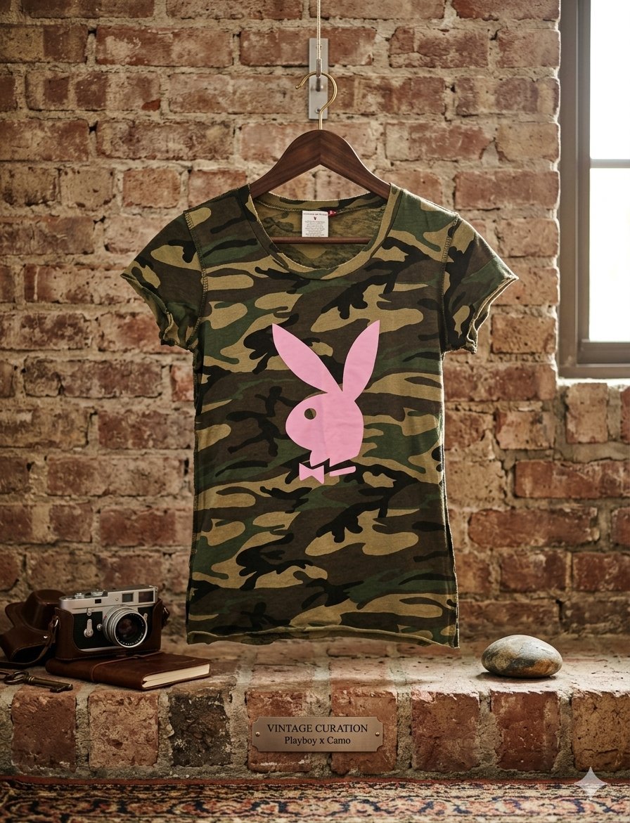 Ce t-shirt Playboy arbore un motif camouflage vert avec un logo lapin rose caractéristique.