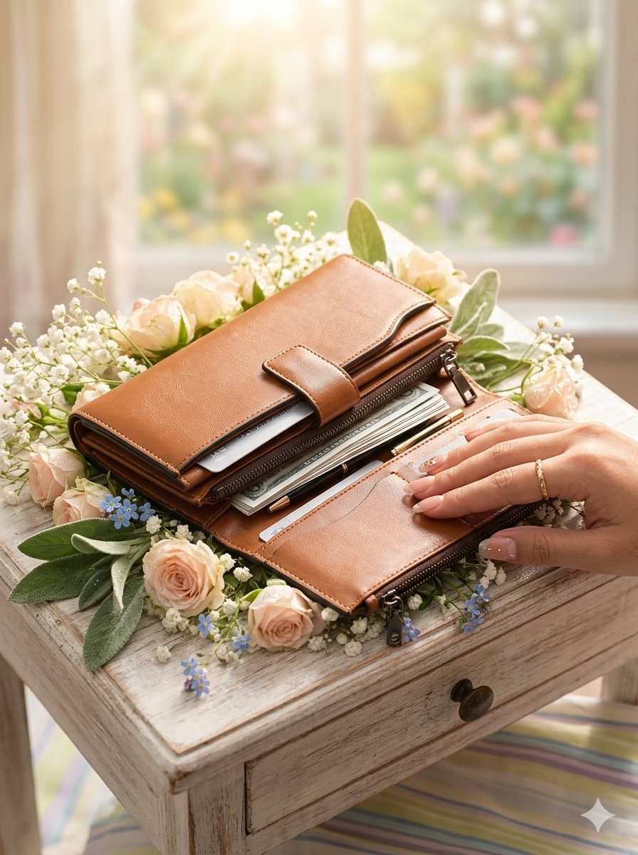 Un portefeuille pour femme ouvert, fabriqué en cuir de couleur marron clair (tan