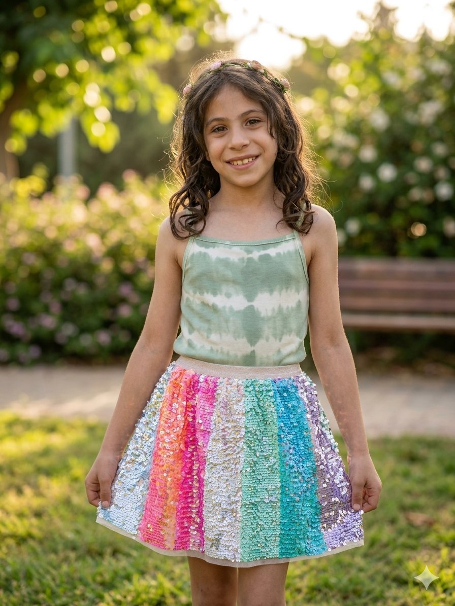 Jolie jupe à paillettes multicolores.