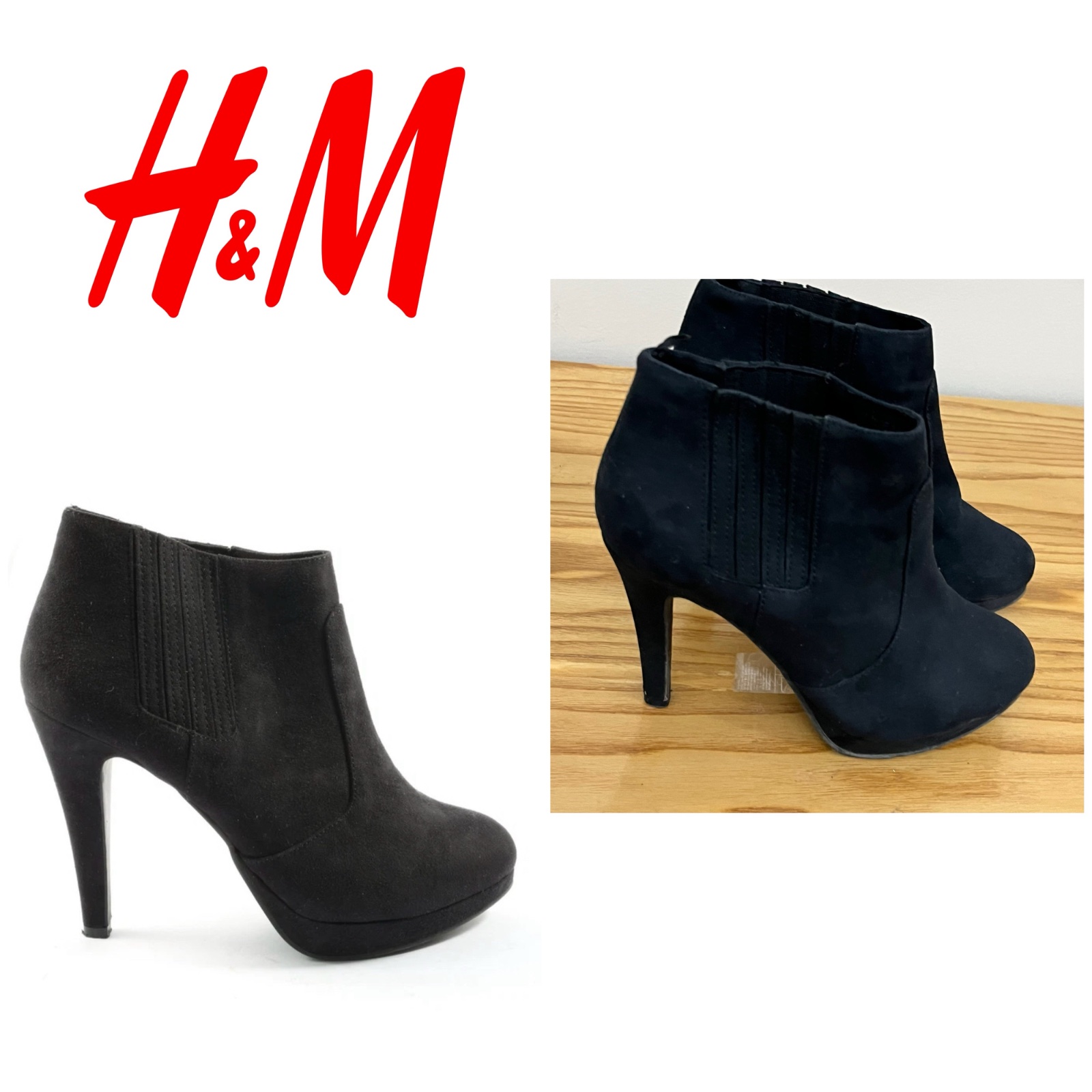 Bottines à talons hauts H&M en faux daim noir, élastique sur le côté.