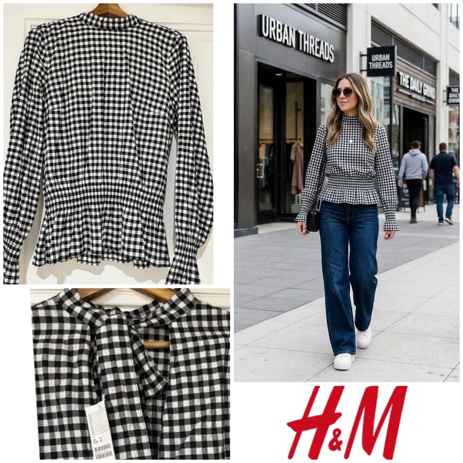  Chemise H&M à carreaux vichy, col montant, dos noué. M/L🖤avec étiquette