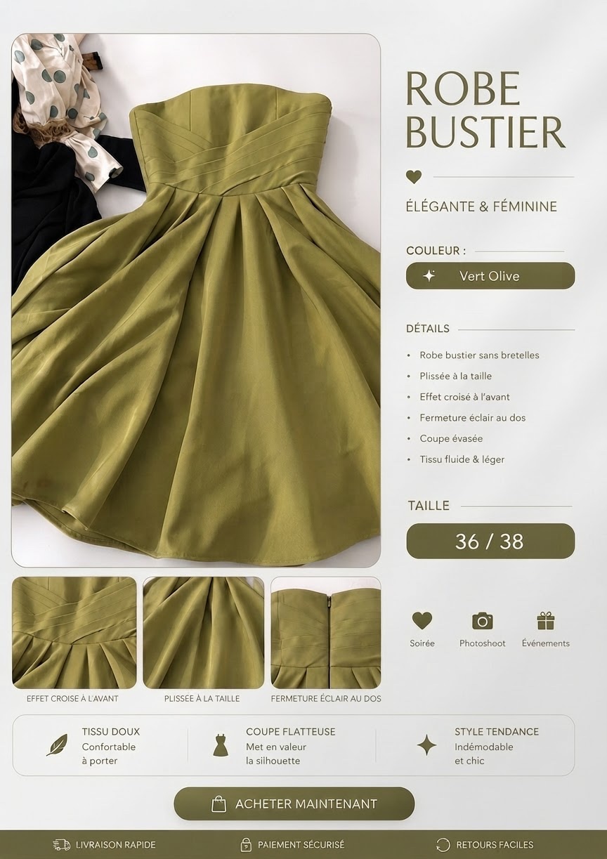 Robe bustier vert olive 36/38