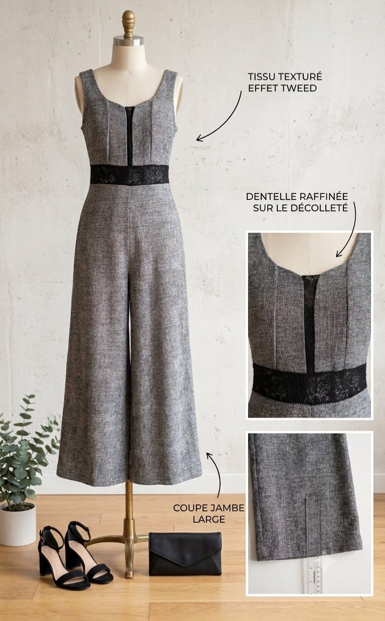 Combinaison Gris charbon fluide, détails dentelle