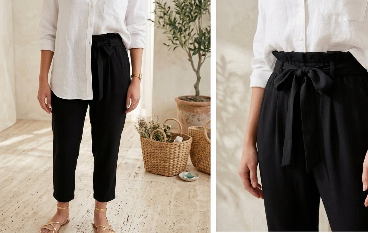 ​Pantalon Noir Chic à Taille Paperbag