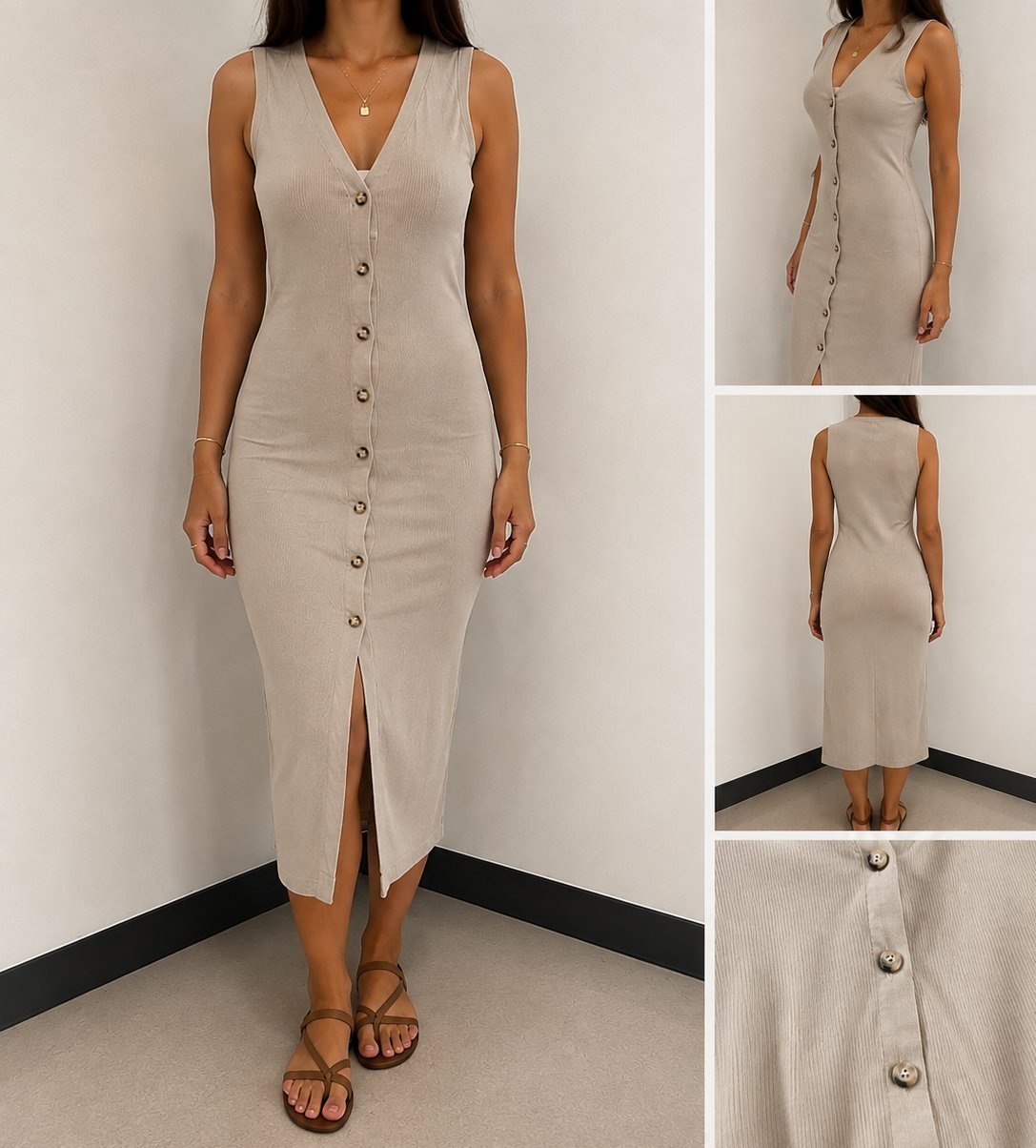 Robe boutonné mi longue beige