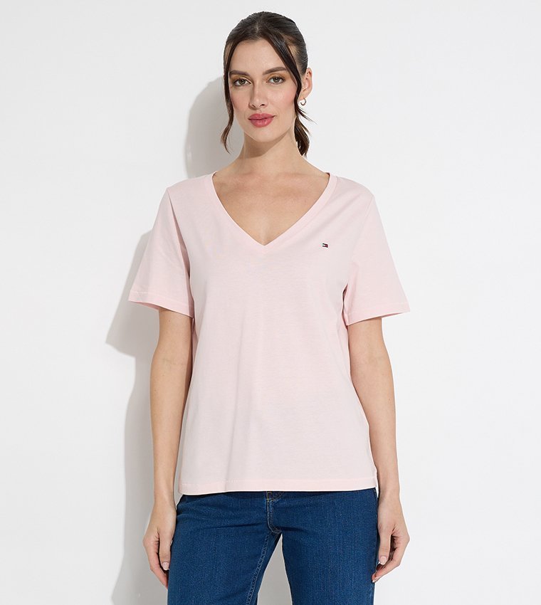T-shirt Tommy Hilfiger Haut à col en V brodé du logo et du drapeau