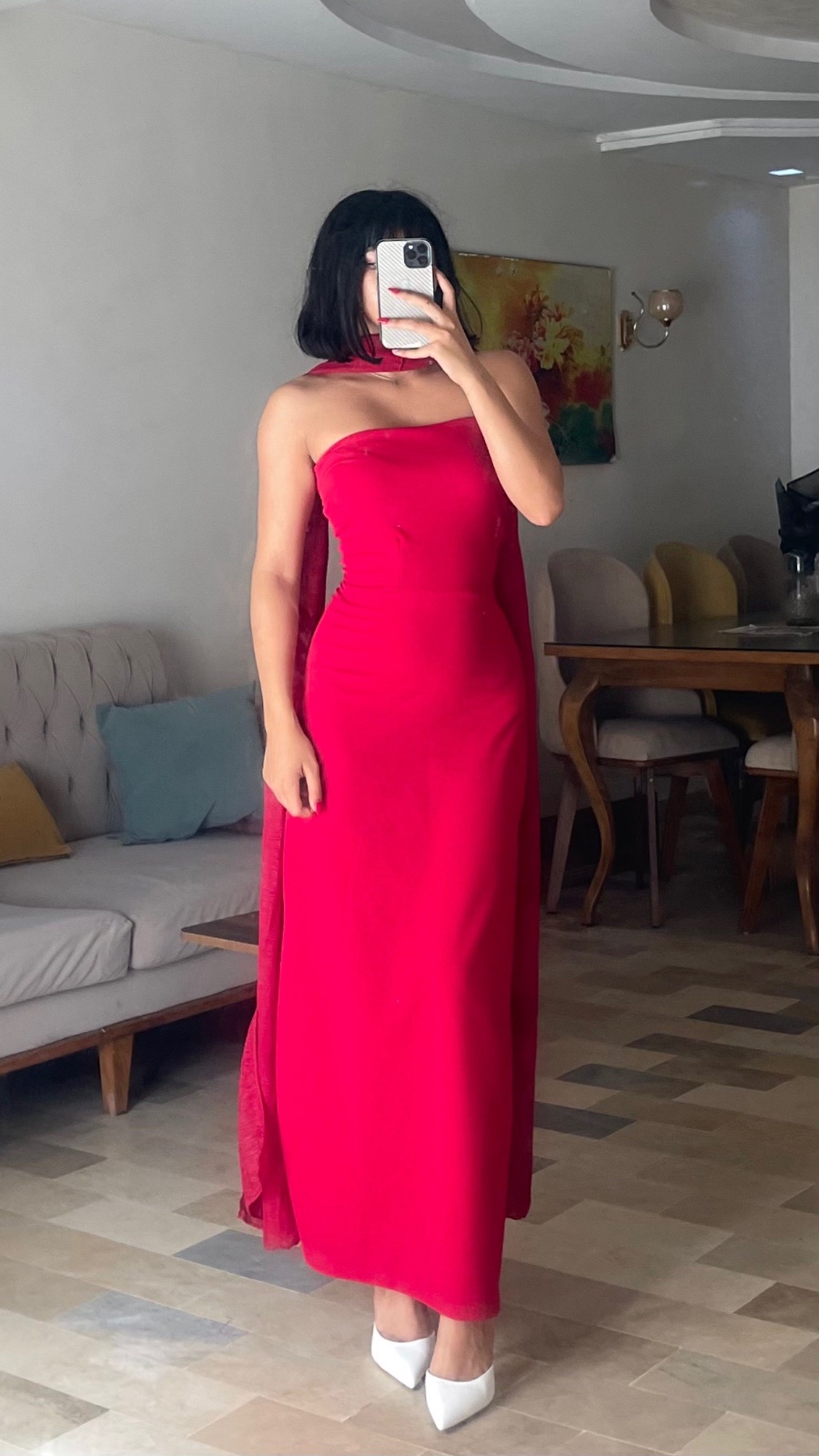 Maxi red dress with scarf
