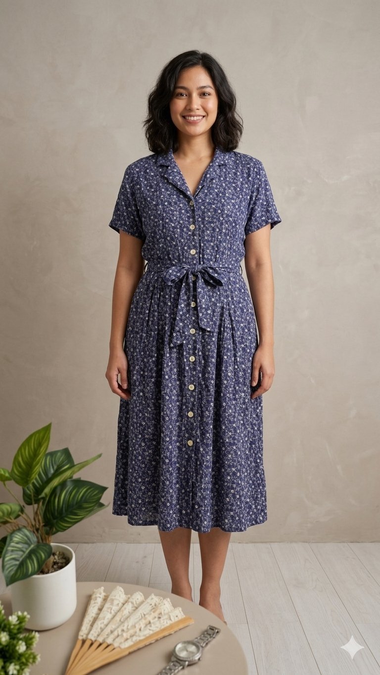 Robe Boutonnée à Motif Floral 