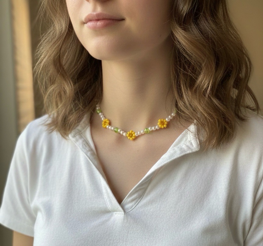 Collier perles – fleurs jaunes