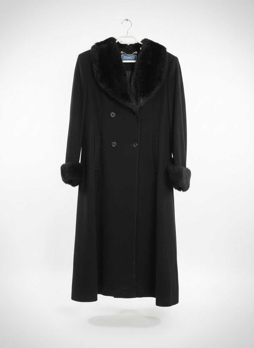 Manteau Long Noir Double Boutonnage avec Col et Poignets en Fourrure