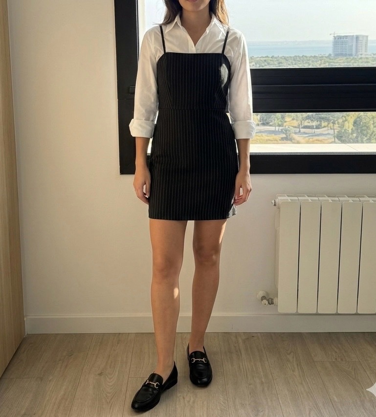 Robe Chasuble Courte - Noir à Fines Rayures
