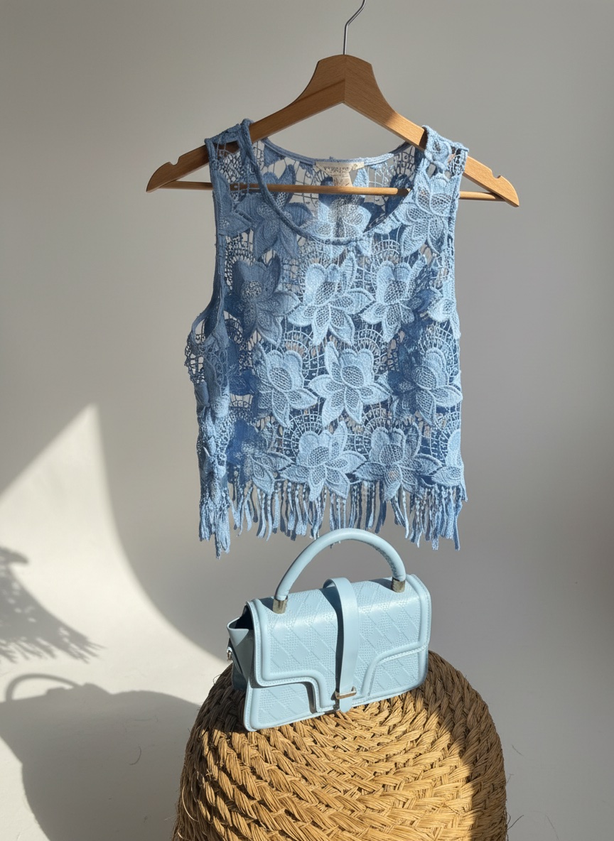 Top en Dentelle de fleurs Bleu Ciel