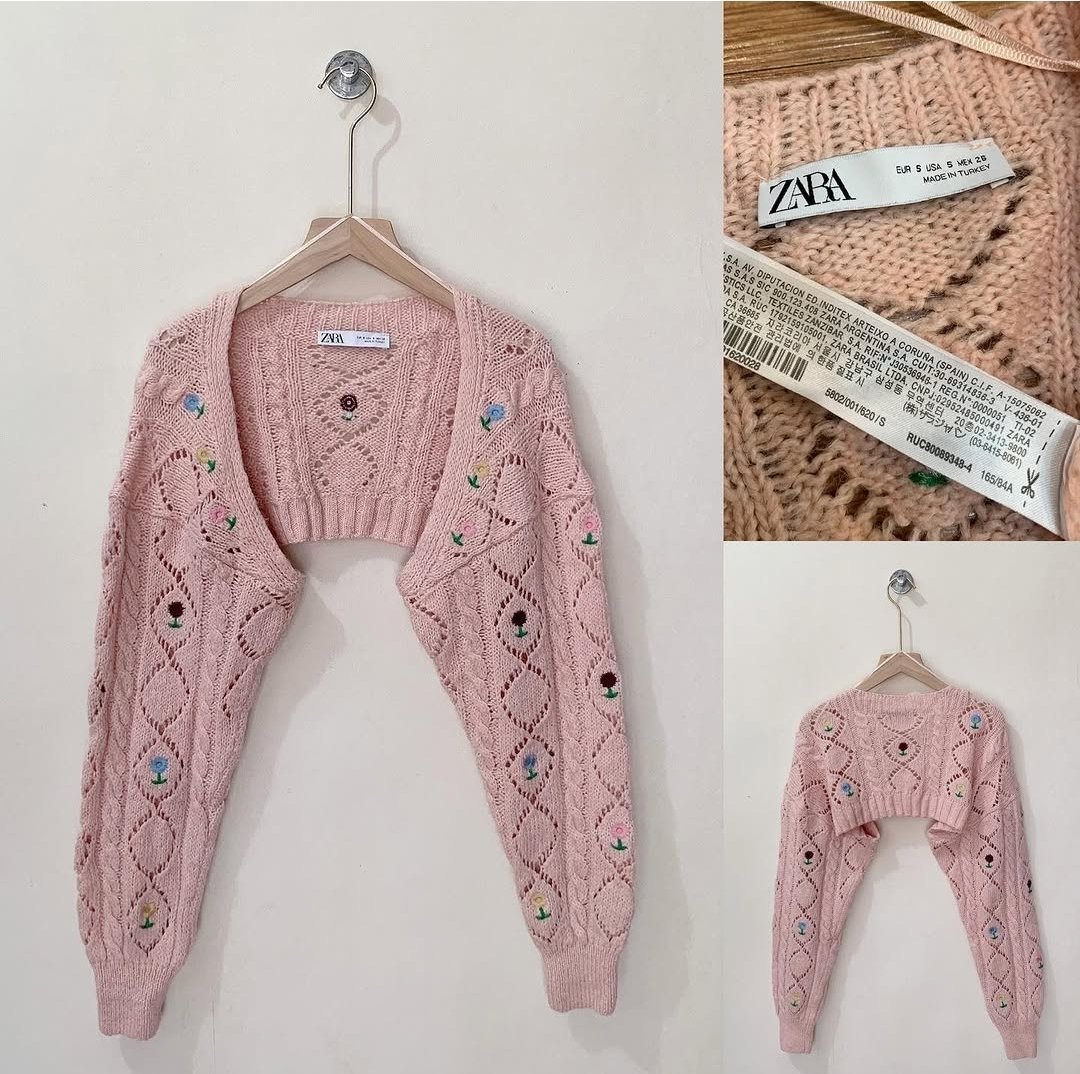 Zara floral embroidered pink knit shrug