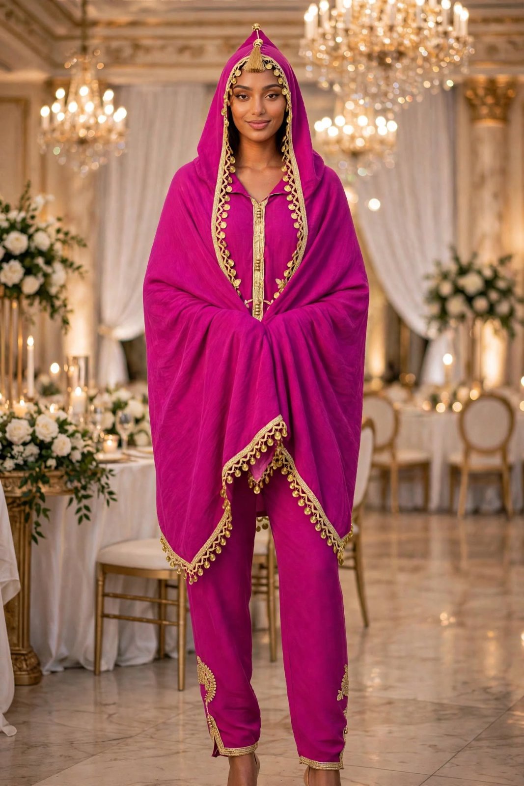 Tenue traditionnelle marocaine OULMANE authentique "صنع المغرب" taille XL 3 pièces Couleur fuchsia très tendance avec broderie dorée Complet :tunique brodé cheville+cape capuche avec sequins dorés et pompon porté 1-2 fois seulement en très bon état 💥💥