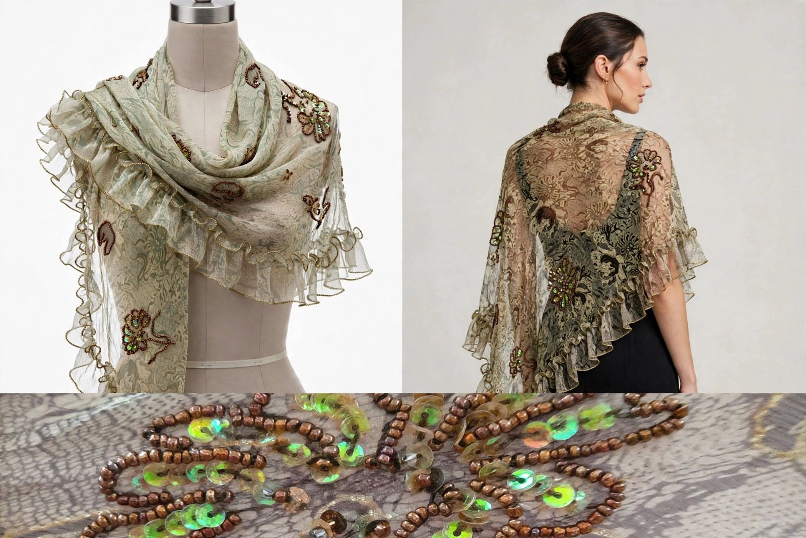 C'est une très jolie châle étole / foulard triangulaire, style bohème chic vintage.