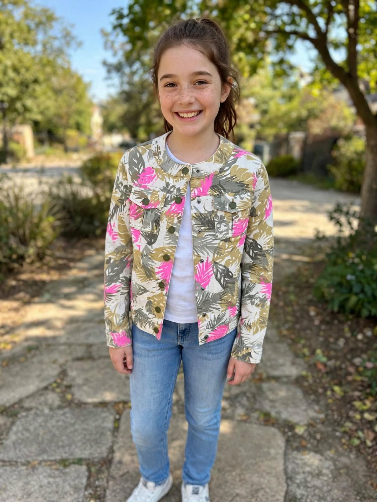 Veste Benetton Fille 10-11 ans XL 150cm – Imprimé Tropical Rose Fluo – Très bon état presque Neuf 