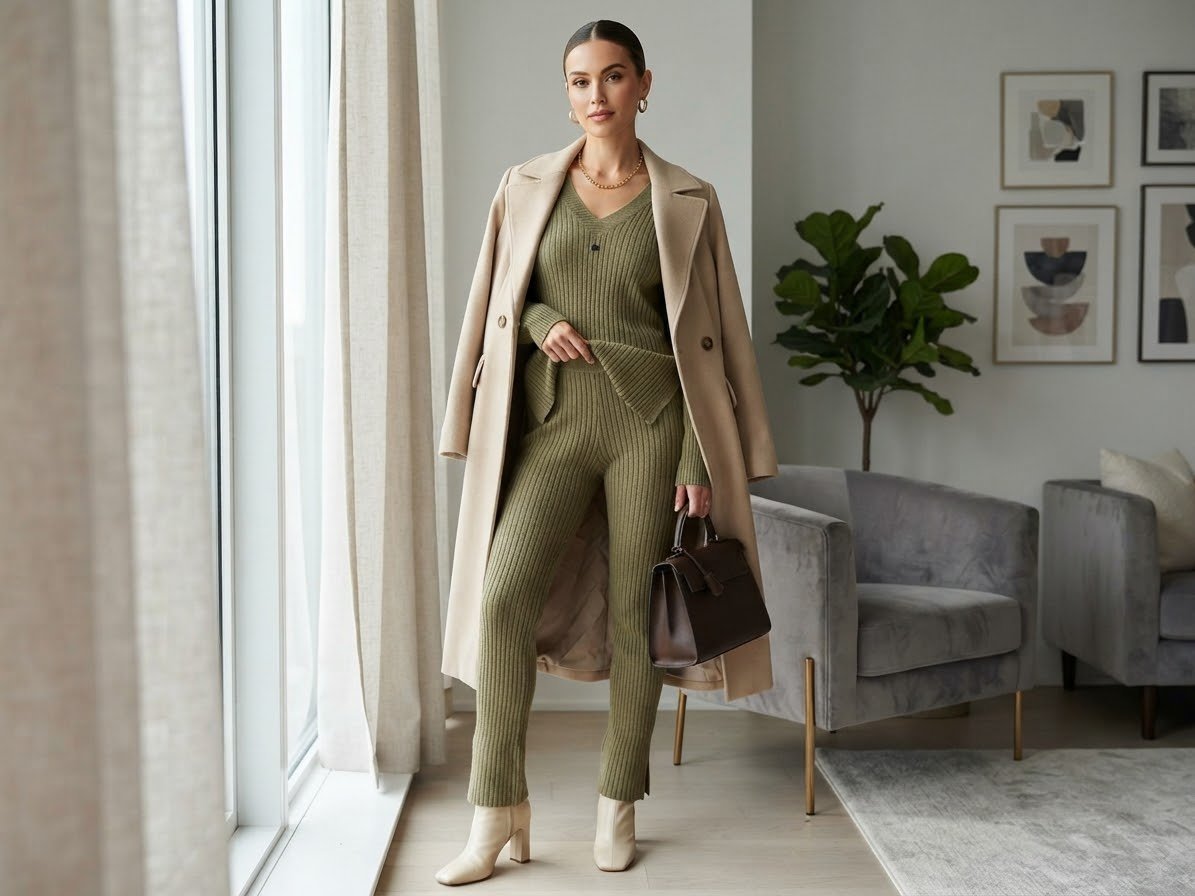 Ensemble assorti composé d'un pull à col V avec fentes sur les côtés et d'un pantalon droit fluide et taille élastique. Maille côtelée douce et de belle qualité taille unique vert olive en très bon état 💥 made in italy 