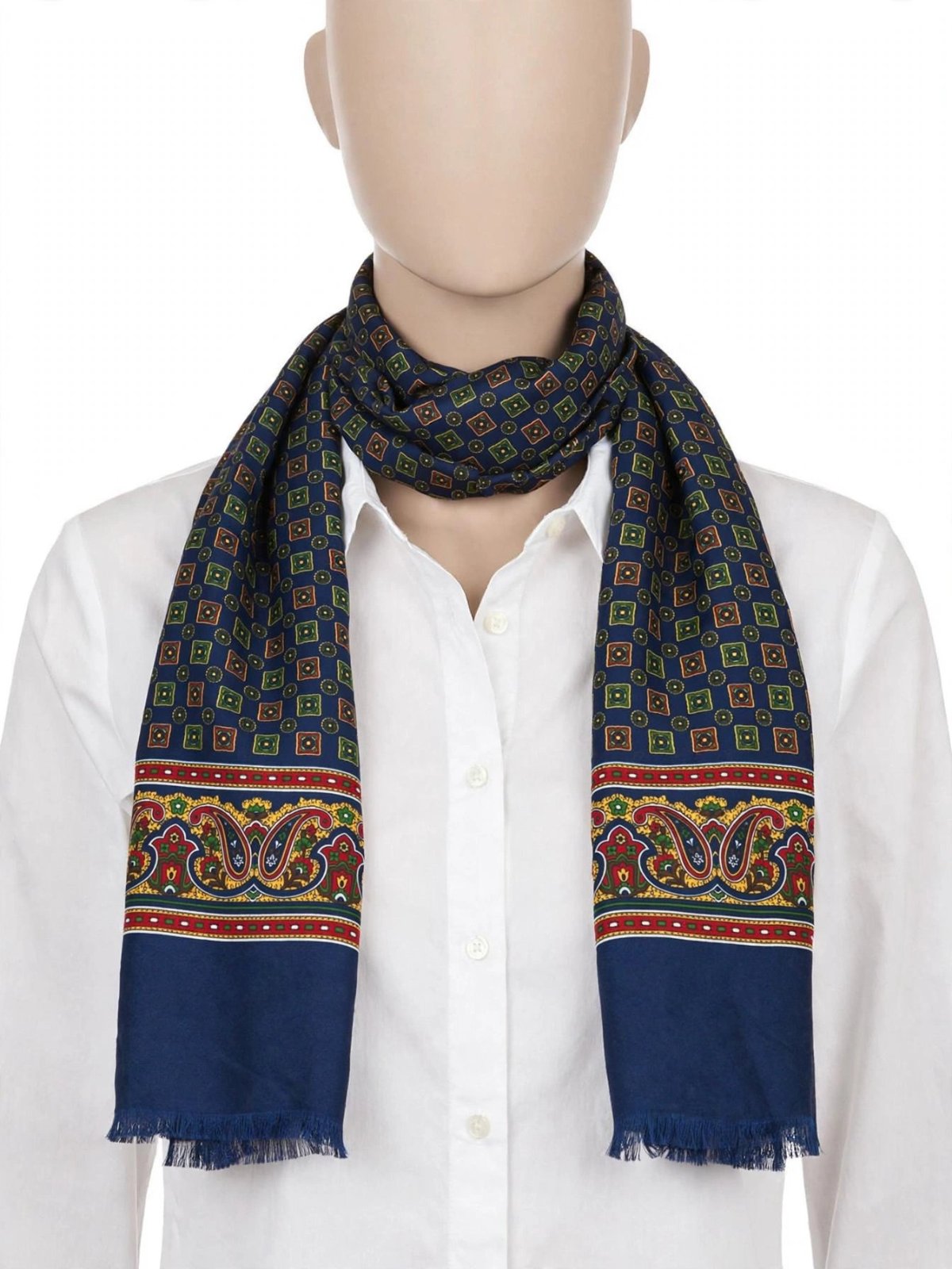 "Foulard vintage MONA bleu marine motif paisley et géométrique, 100% polyester, finition frangée"