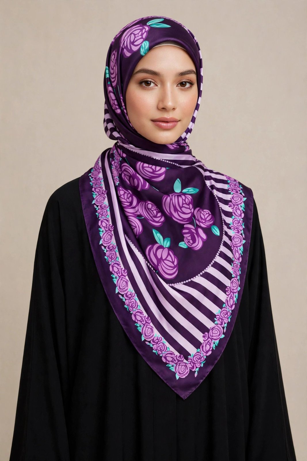 Foulard marocain porté en look hijab chic — le motif violet avec les roses est bien mis en valeur sur le devant