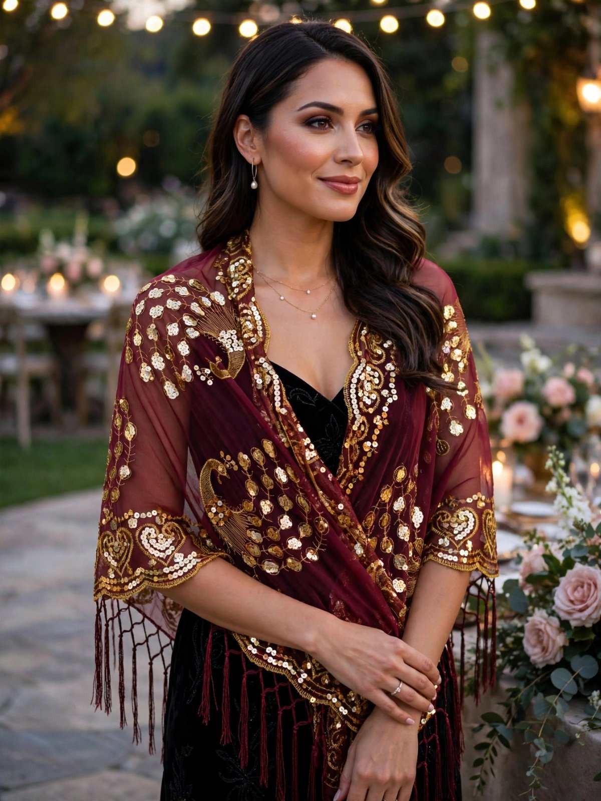 Magnifique châle kimono couleur bordeaux / prune, transparent et léger, sublimé par une broderie paon 100% sequins dorés faite main