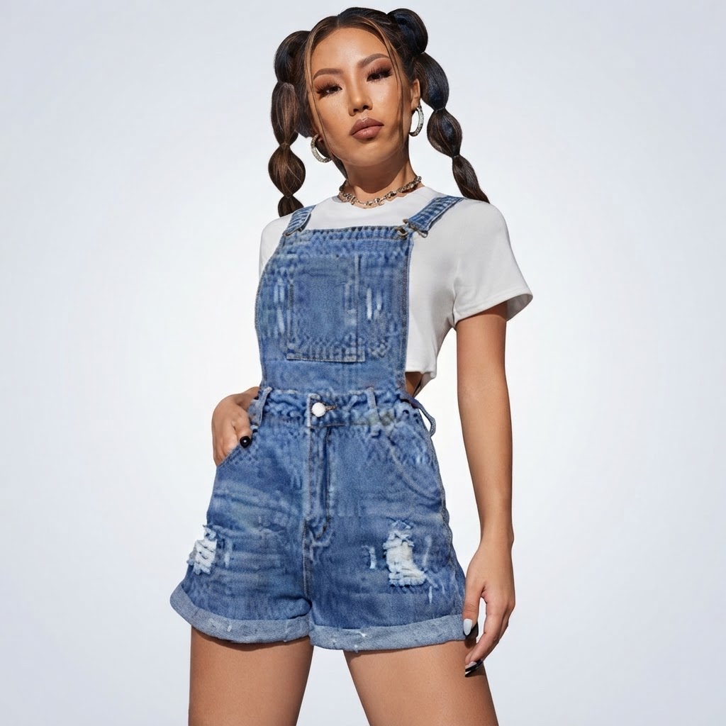 Salopette-short en jean bleu pour femme, un classique du vestiaire décontracté