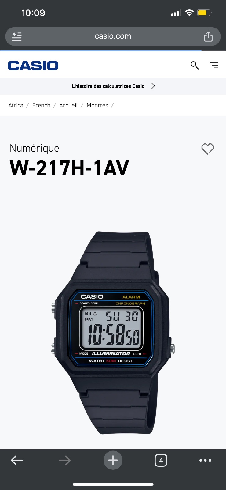 Montre numerique unisex Casio w217h authentique ,etanche 5bar(50 metres)