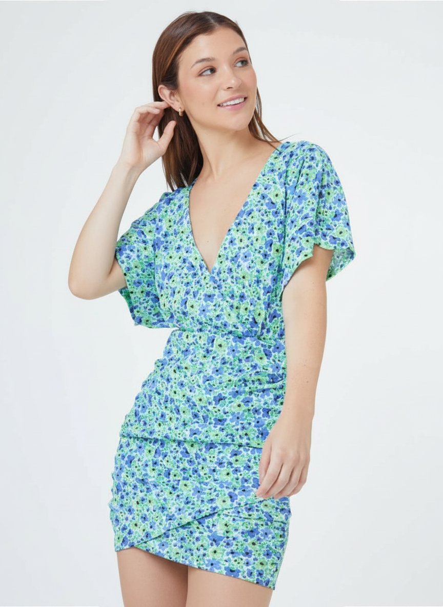 Robe PULL & BEAR courte fleurie bleue et verte – Style champêtre & moulante M/L