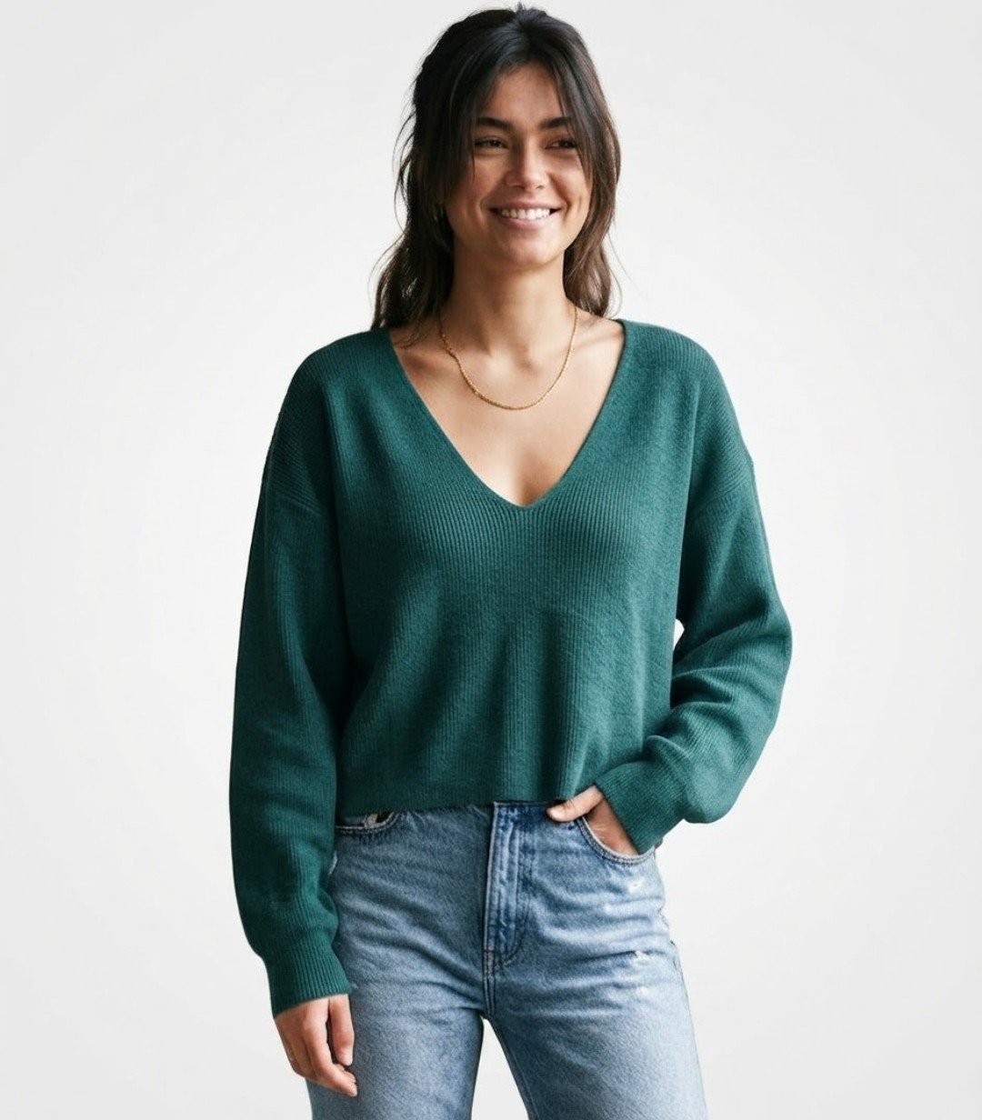 Pull col V vert sapin Dynamite - manches bouffantes 
