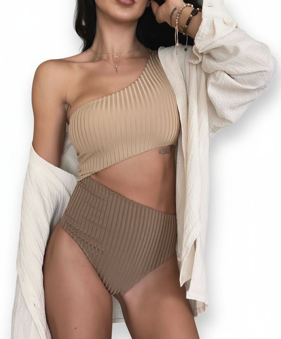 Trikini côtelé asymétrique bicolore (Beige & Marron)