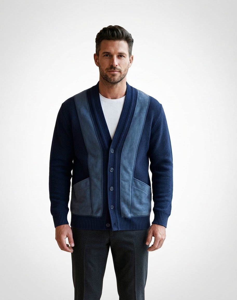 Gilet cardigan vintage bleu marine avec empiècements en daim