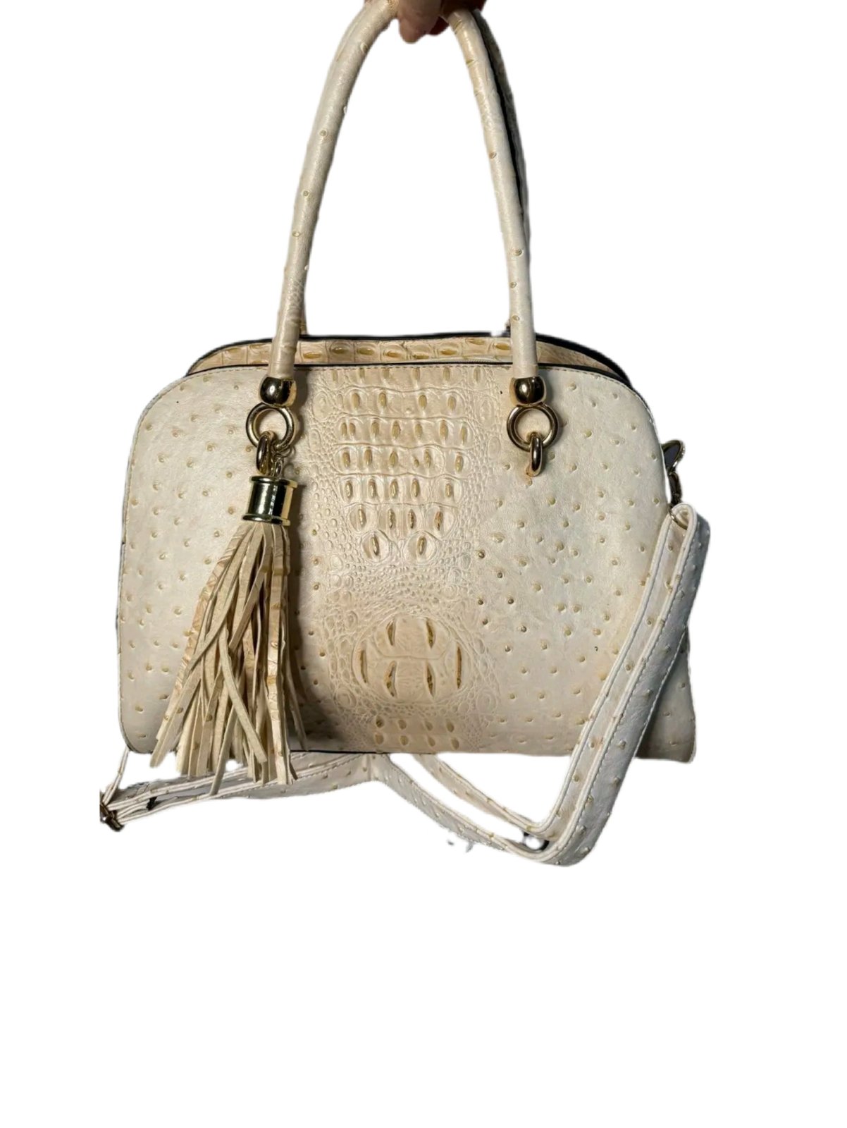 Sac à main élégant beige effet crocodile et autruche avec pompon