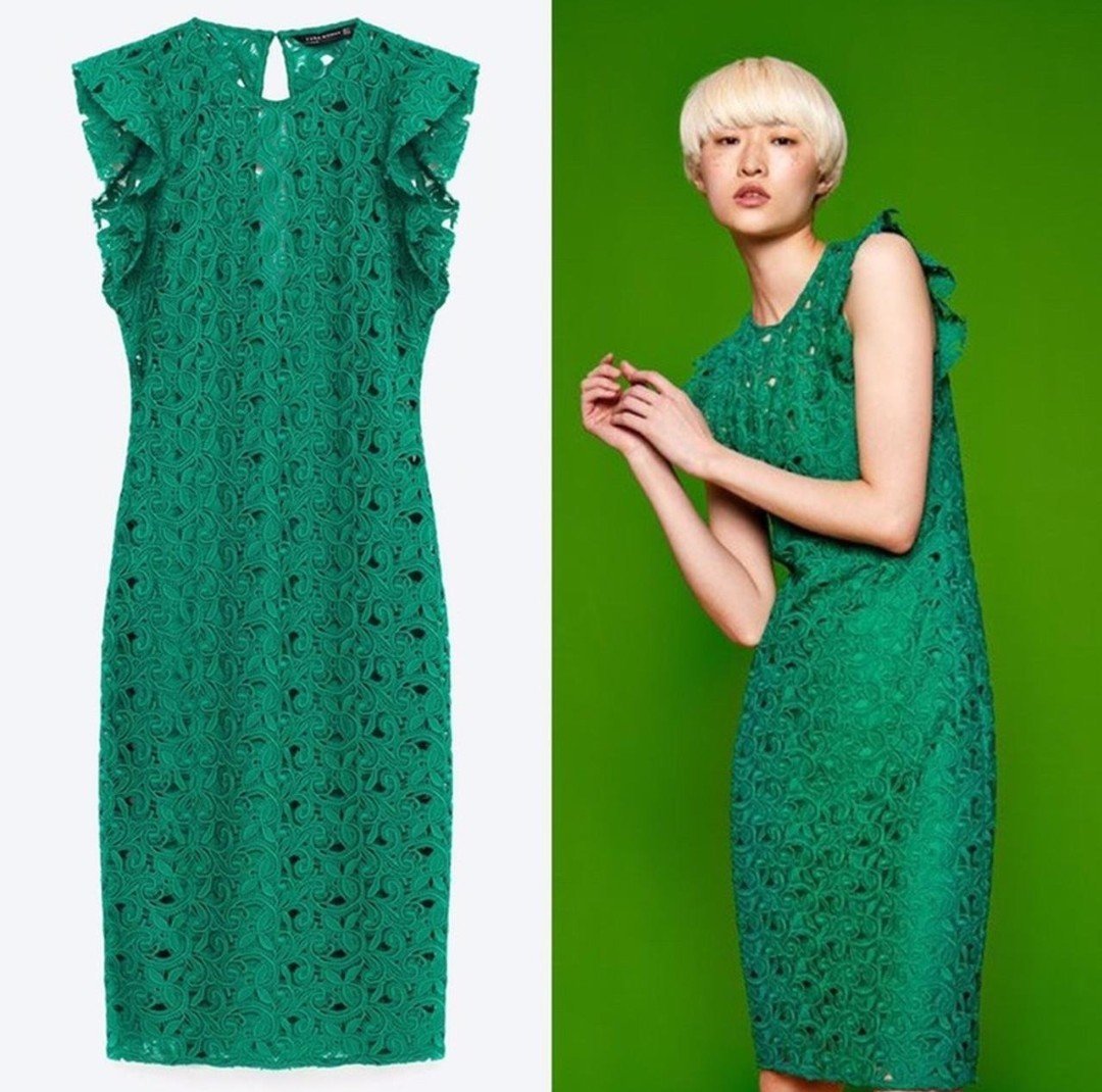 Robe midi en dentelle guipure Zara – Vert émeraude 🌿