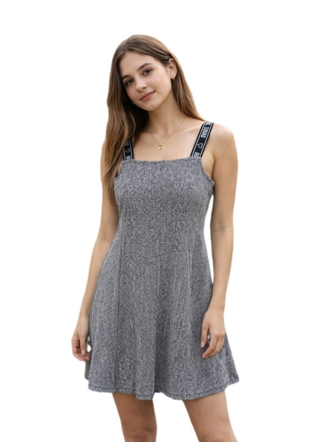 Robe patineuse vichy grise – Bretelles logotées « Girl Squad »