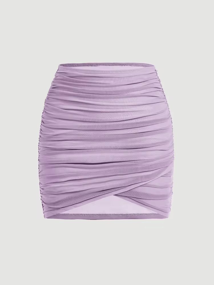Jupe courte froncée lilas / violet clair – Effet tulipe 💜