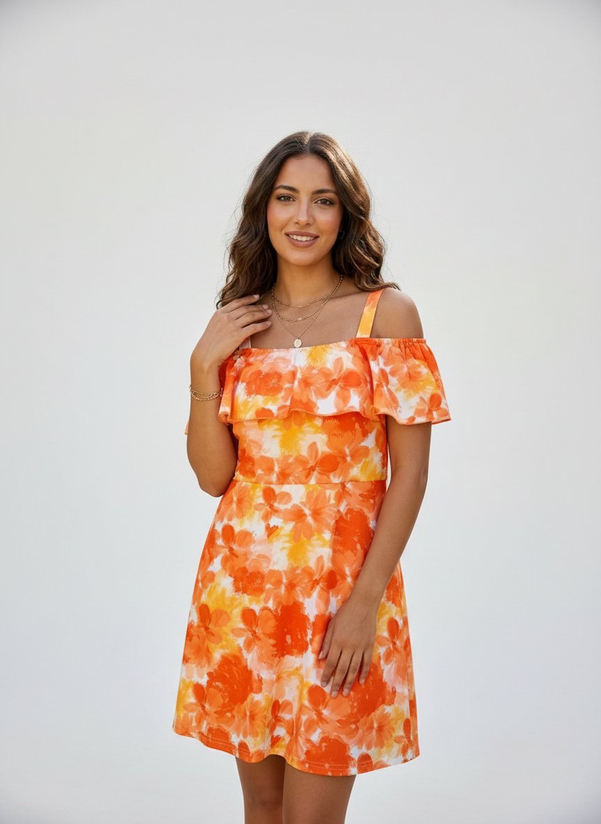 Robe Courte d'Été Fleurie Style Off-Shoulder – Orange et Jaune