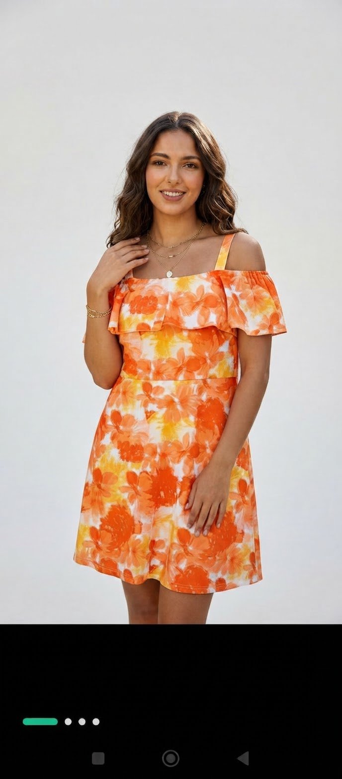 Robe Courte d'Été Fleurie Style Off-Shoulder – Orange et Jaune