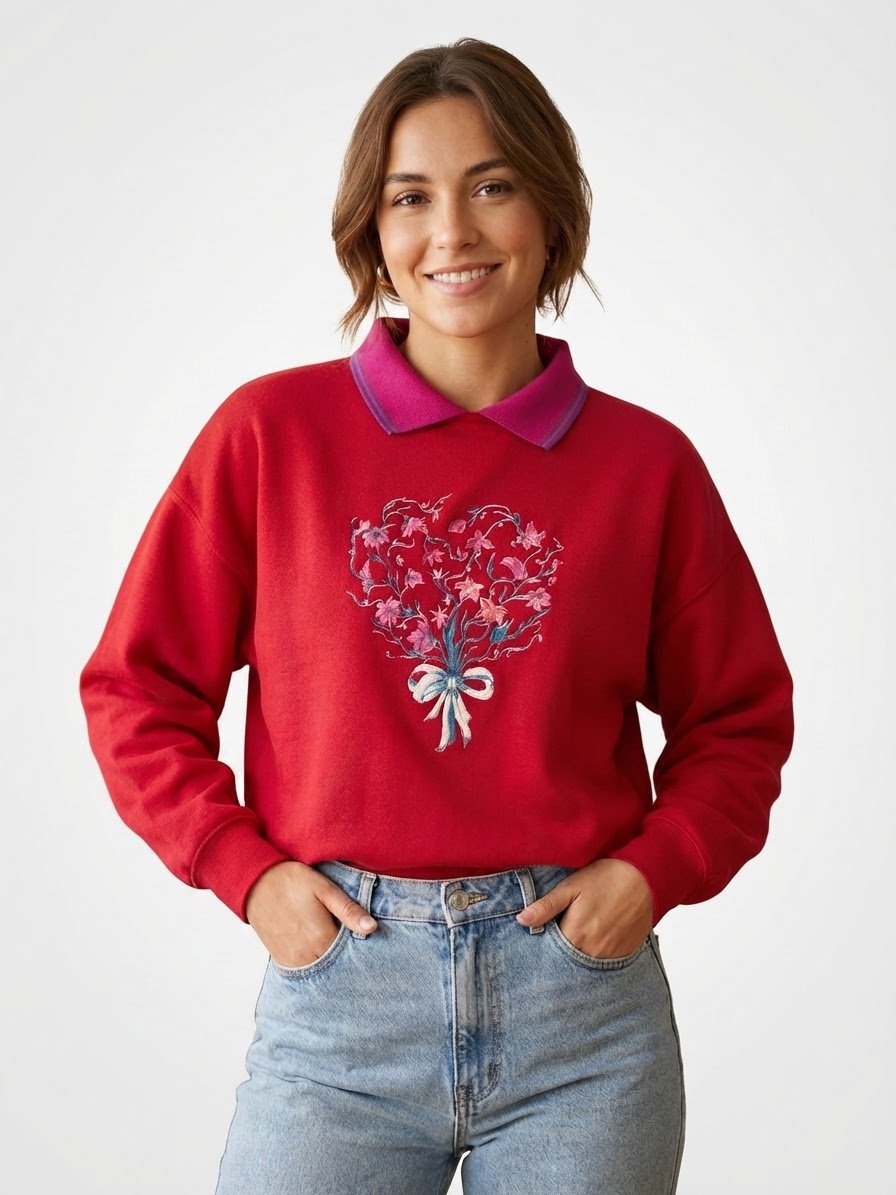 Sweat vintage rouge col polo rose - Broderie bouquets de fleurs & nœud