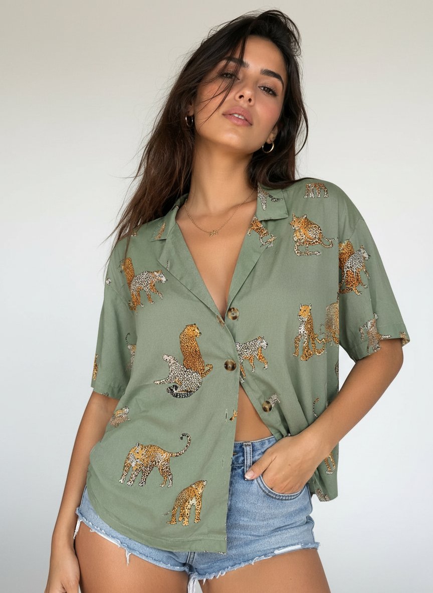 Chemise verte kaki à motif léopards / félins 
