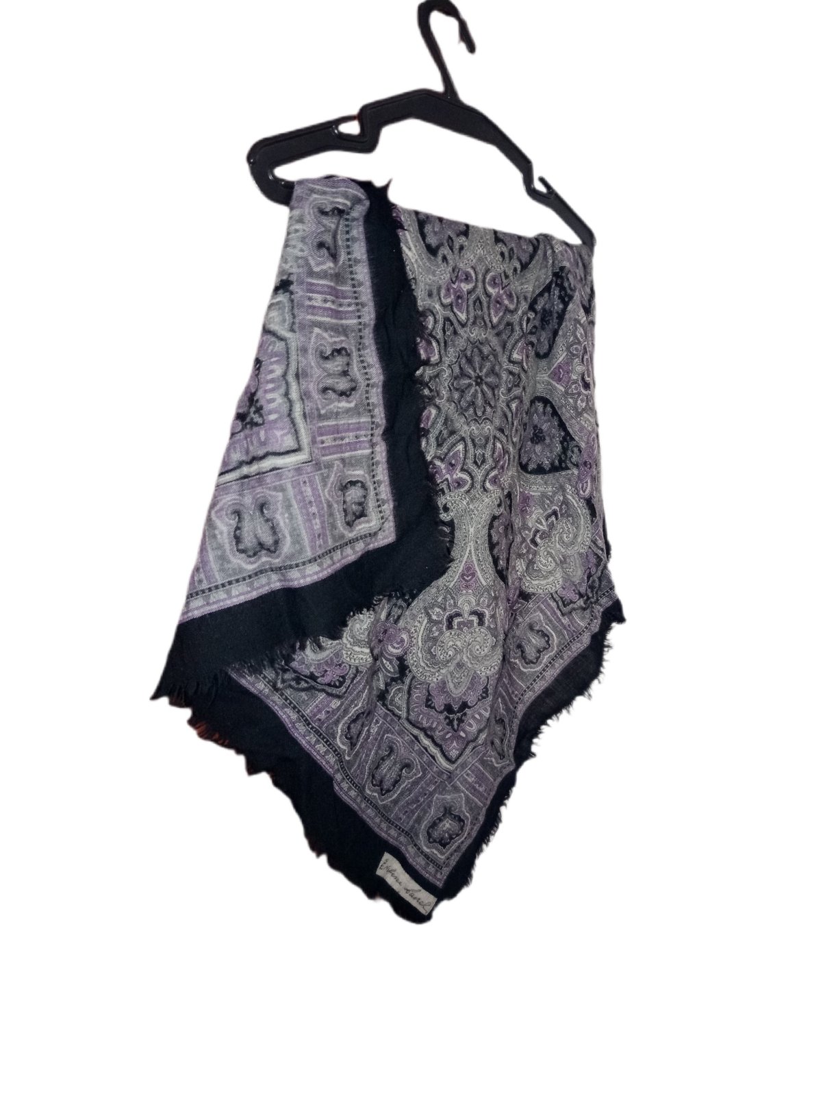 Foulard carré en laine / Écharpe Évelyne Sarel à motifs cachemire (Violet, Gris & Noir)